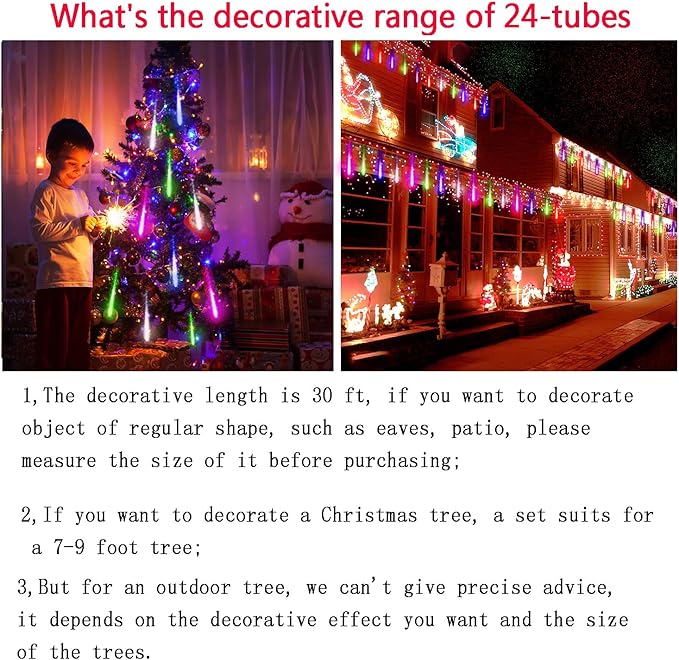 Kwaiffeo Icicle Lights Outdoor 24 Tubes(Equivalent to Pack of 3 8-Tube) Meteor Shower Lights for Xmas Halloween Decorations Yard Party Tree Multi Color(Purple Blue Green White)