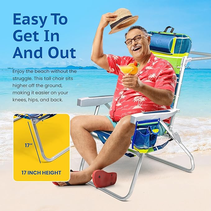 Homevative Backpack Fold-Up Beach Chair 5 Positions Towel bar Cooler Storage Pouch Cup Holder and Phone Pocket