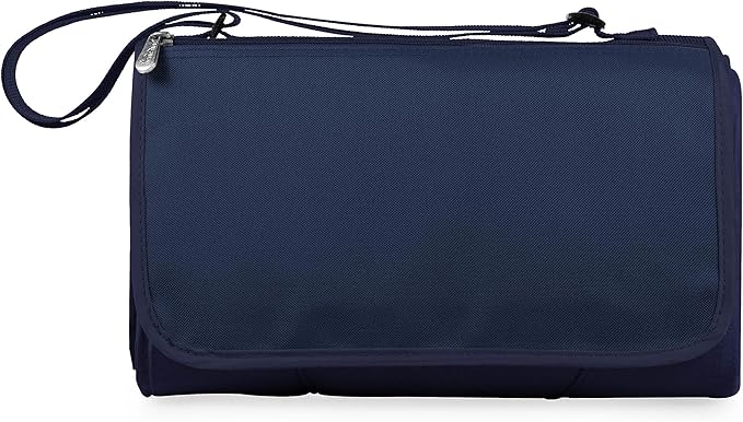 PICNIC TIME Outdoor Picnic Blanket Tote 59x51 Foldable Beach &amp Camping Blanket with Soft Fleece Water-Resistant Bottom Adjustable Strap &amp Zippered Pocket (Navy Blue with Blue Flap)