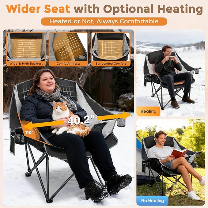 Suteck Heated Camping Chair Oversized Heated Chairs W/3 Heat Levels &amp 2 Heating Zones Portable Heated Folding Chair Use for Outdoor Sports Camping Lawn Battery NOT Included