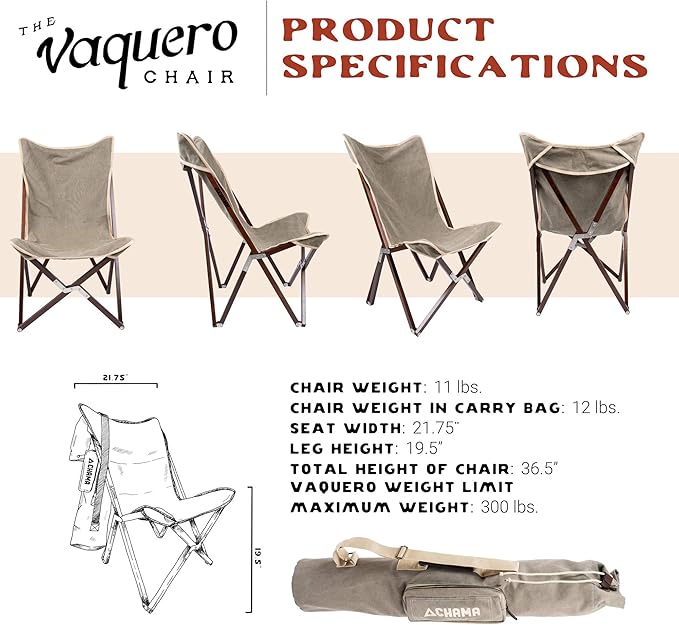 CHAMA Vaquero Chair &amp Travel Bag - Slate and Bone- Beautiful Outdoor Wood and Canvas Portable Folding Chair Ideal for Camping Patios Lawns or Indoor Use - Supports 300 lbs