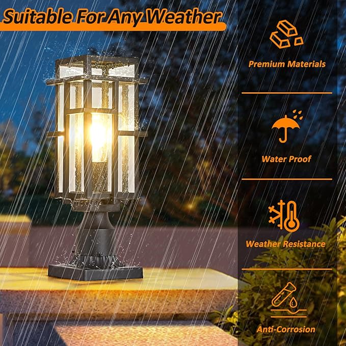 Outdoor Post Lighting Fixture with Pier Mount Base Aluminum Modern Exterior Pillar Lantern with Tough Seeded Glass Waterproof Matte Black Large Outside Pole Lamp for Garden Pathway Driveway