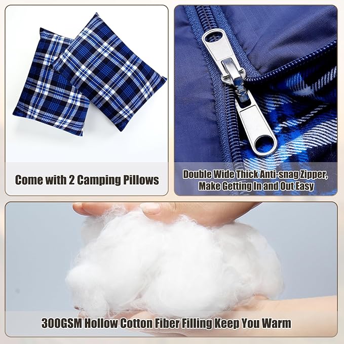Double Sleeping Bag Flannel for Adults Kids Queen Size for 2 Person with 2 Pillows Warm &amp Cold Weather Sleeping Bag for Camping Hiking Waterproof Lightweight with Compression Sack