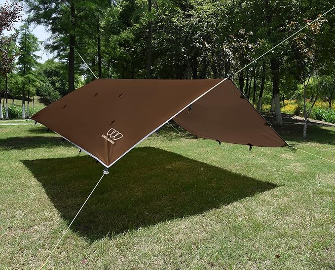 Gold Armour Rainfly Tarp Hammock Premium 14.7ft/12ft/10ft/8ft Rain Fly Cover Waterproof Ultralight Camping Shelter Canopy Survival Equipment Gear Camping Tent Accessories (Brown 12ft x 10ft)