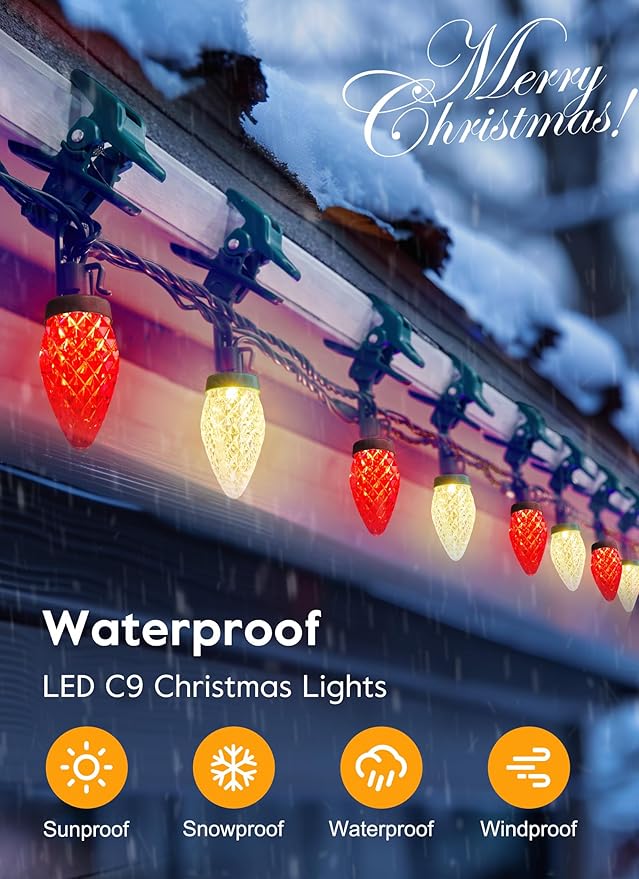 C9 LED Christmas Lights Outdoor 68 Ft 100 LED Strawberry String Lights With 100 Spring Clamps Waterproof Commercial Grade Extendable for Outside Roofline Patio Home Xmas Decoration Red &amp Warm W