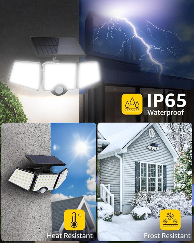 LE Solar Lights for Outside Solar Lights Outdoor with Motion Sensor WL4000 High Brightness 3 Adjustable Heads 270° Wide Lighting Angle IP65 Waterproof Wireless Wall Lamp for Yard Garage