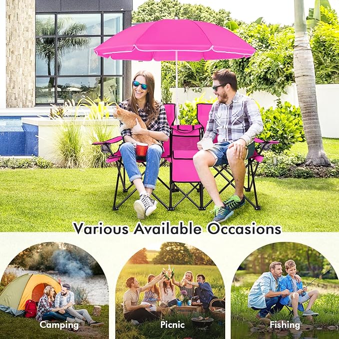 KOTEK Double Camping Chair Folding Camp Chair with Removable Umbrella Cup Holders Cooler Bag Side Pocket &amp Carry Bag 2-Person Beach Chair for Outdoor Sports Concerts Travel Picnic (Pink)