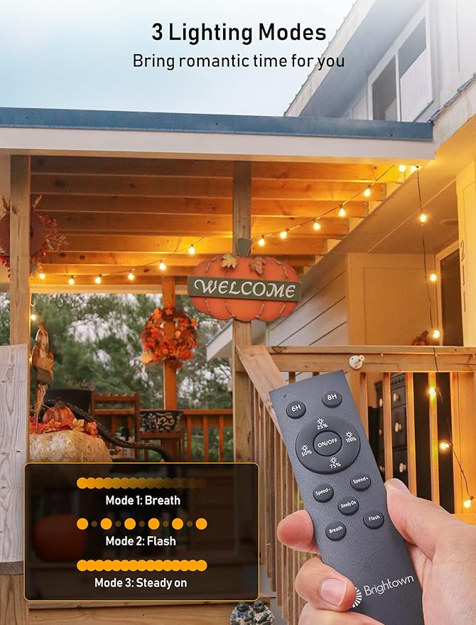 Brightown 58FT Solar String Lights Outdoor with Remote Cable Ties Hooks 26 LED Shatterproof Bulbs 3 Light Modes Dimmer &amp Timer Commercial Grade Patio Lights for Yard Balcony Pergola Party Deco