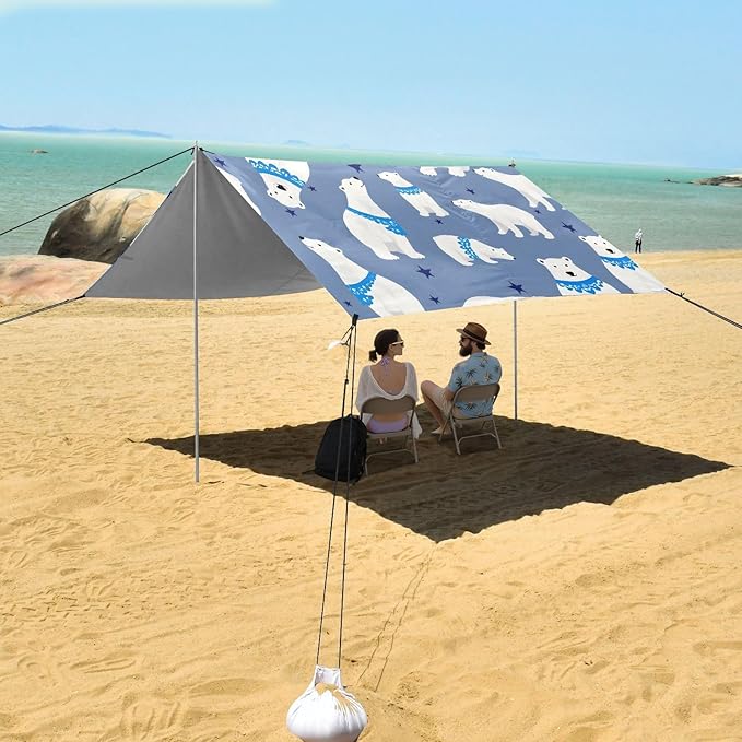 ALAZA Polar Bear Animal Beach Tent Sun Shelter UPF50+ Protection Beach Shade Canopy w/ 4 Sandbags for Outdoor Camping Fishing Backyard Fun Picnic 10x9 ft