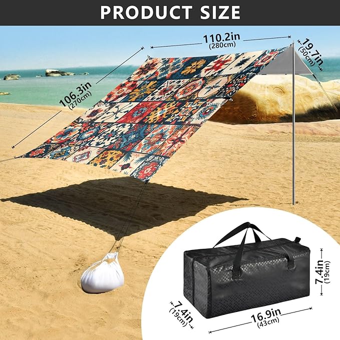 Bohemian Texture Beach Tent Sun Shelter 9.2' x 10.5' Beach Canopy with 4 Sandbags 4 Stability Poles Sand Shovels - Tent Canopy for Beach Camping Fishing Picnics