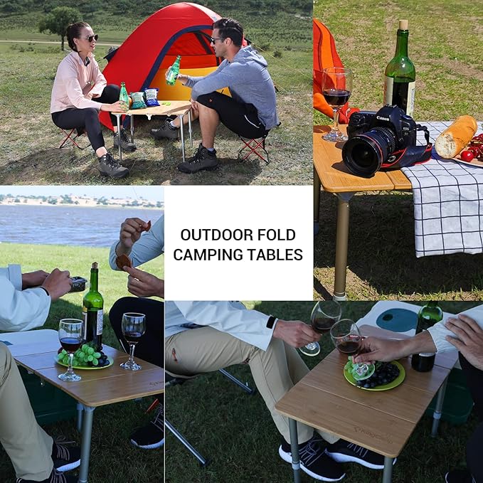KingCamp Bamboo Adjustable Anti-UV Portable Folding Table Picnic Camping Three Heights2-6 People 23.6x15.7x10.6/15.7in Yellow_23.6x15.7 2 Person