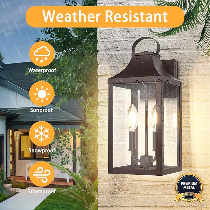 15 Dusk to Dawn Outdoor Wall Lantern 2-Light Outside Modern Wall Sconce Light Fixture Industrial Porch Light Wall Mount with E12 Sockets Waterproof Exterior Lamp Lighting Brown