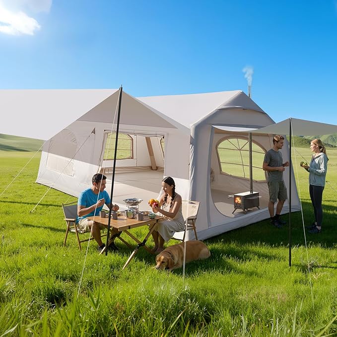 Inflatable Tent for Camping Waterproof Oxford Large Blow Up Hot Tent with Pump Easy Setup Inflatable Glamping House Air Tent for Family 4/6/8/10/12 People