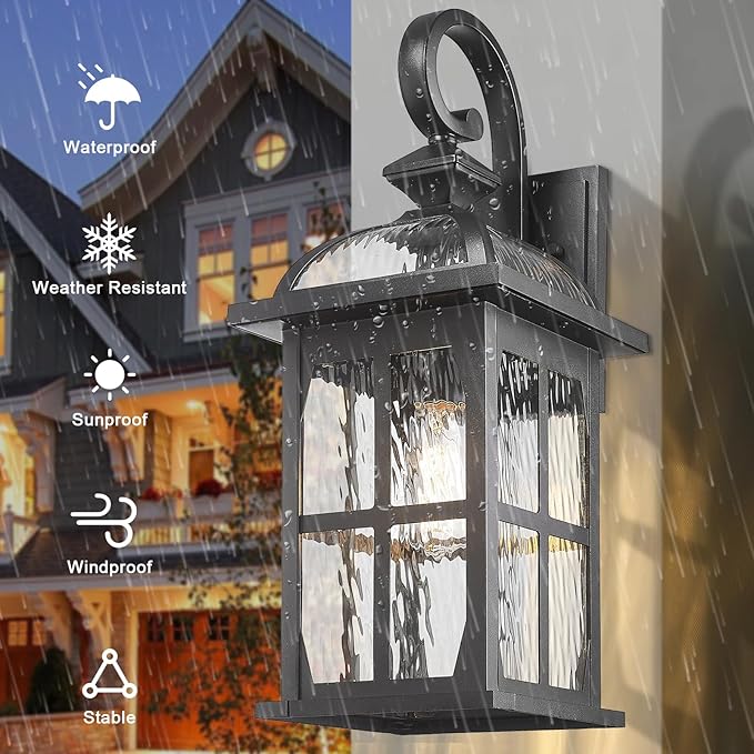 Darkaway 2pcs Large Outdoor Wall Light 22inch Exterior Light Fixture with Water Ripple Glass Aluminum Outside Lights Sconces Exterior Lighting for House Porch Patio Doorway