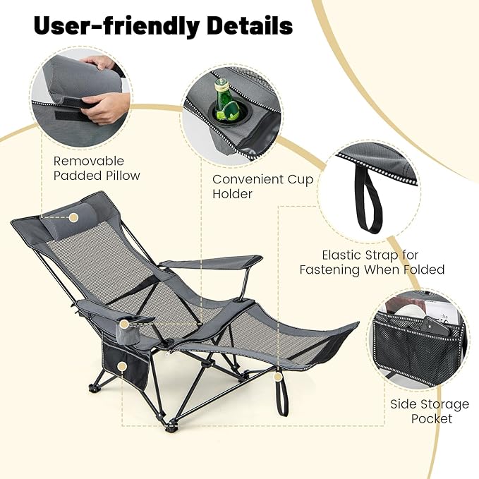 GYMAX Camping Chair Adjustable Reclining Lounge Chair w/Removable Footrest Padded Pillow Cup Holder &amp Side Pocket Folding Camping Mesh Chair w/Carry Bag for Outdoor Patio Lakeside (1 Grey)