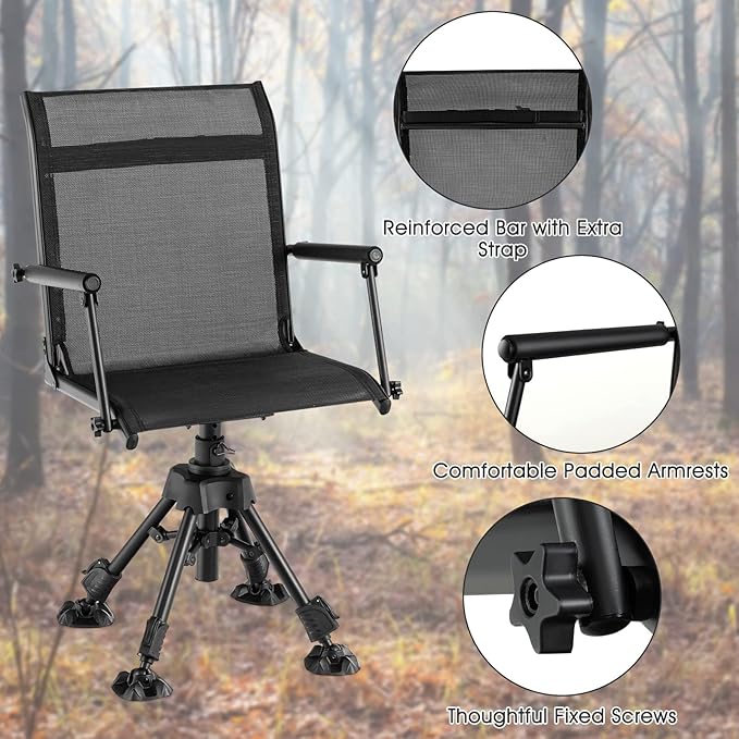 DORTALA Portable Hunting Chair 360 Degree Swivel Hunting Blind Chair w/Adjustable Height Comfortable Armrests Folding Deer Hunting Seat for Blinds Camping 330 LBS Weight Capacity Black