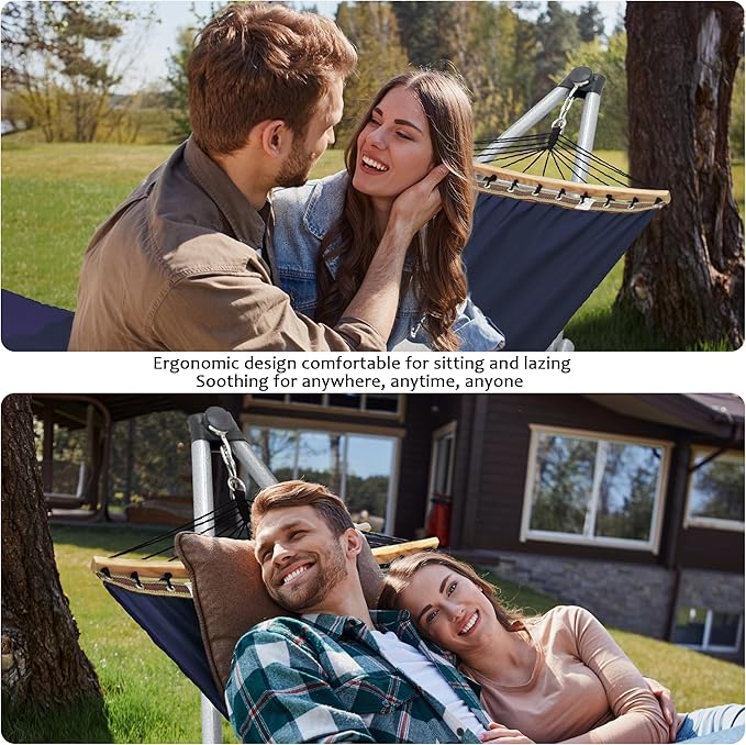 Tranquillo Ultimate Relaxation Portable Hammock Stand Foldable Hammock Stand with Canvas Hammock Spreader Bar Quick Fold Unfold in 30 Seconds Steel Frame Hammock 600 lbs Capacity White/Navy