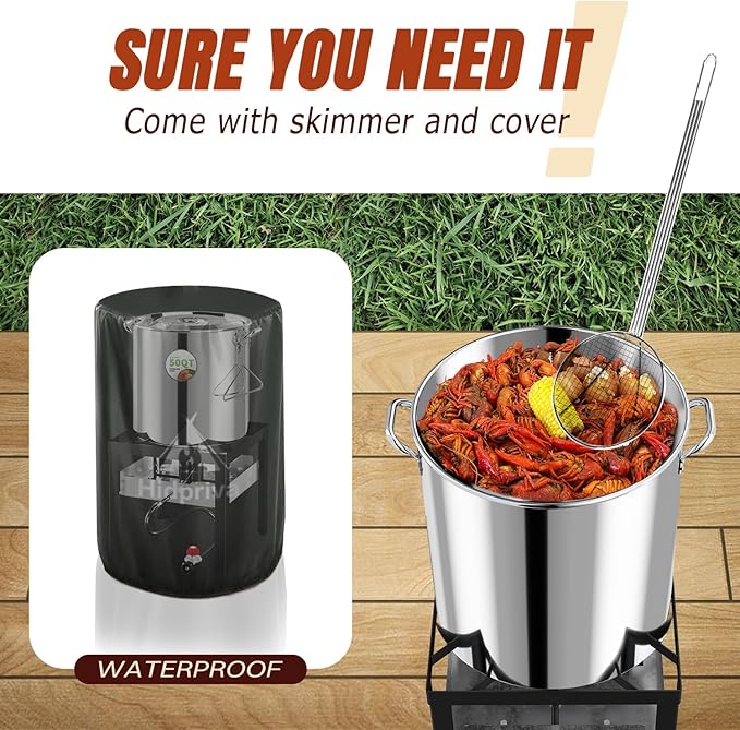 Stainless Steel 60QT Crawfish Boiler Kit Waterproof Cover &amp 12-inch Skimmer 110000BTU Propane Burner Stove 0-20PSIG Regulator Seafood Boil Pot Crab Boil Pot with 50QT Basket