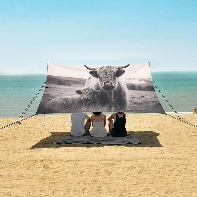 Highland Cattle Beach Tent Sun Shelter 9.2' x 10.5' Beach Canopy with 4 Sandbags 4 Stability Poles Sand Shovels - Tent Canopy for Beach Camping Fishing Picnics