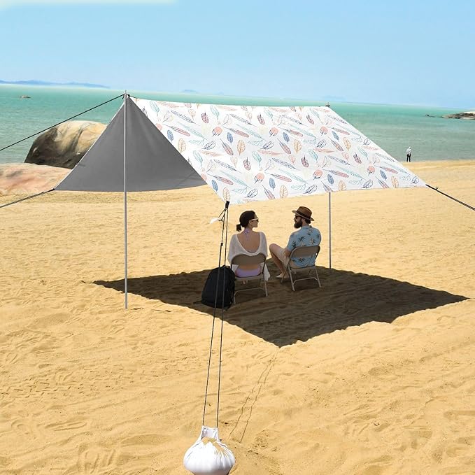 ALAZA Colorful Feather Beach Tent Sun Shelter UPF50+ Protection Beach Shade Canopy w/ 4 Sandbags for Outdoor Camping Fishing Backyard Fun Picnic 10x9 ft