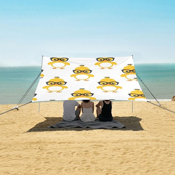 ALAZA Cute Yellow Duck W/Glasses Beach Tent Sun Shelter UPF50+ Protection Beach Shade Canopy w/ 4 Sandbags for Outdoor Camping Fishing Backyard Fun Picnic 10x9 ft