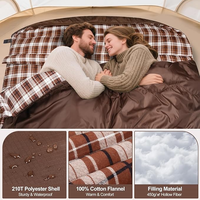 0 Degree Flannel Double Sleeping Bag for Adults Couples or Family - Winter Queen Size Waterproof &amp Warm 2-Person Sleeping Bag for Cold Weather Camping RV Travel
