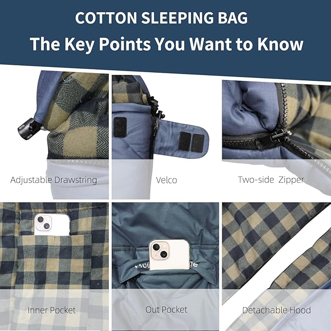 Mountainlodge 100% Cotton Shell and Lining Sleeping Bag for Adult Cold Weather with Compression Bag&ampCarry Bag for CampingTravel and Car Camping