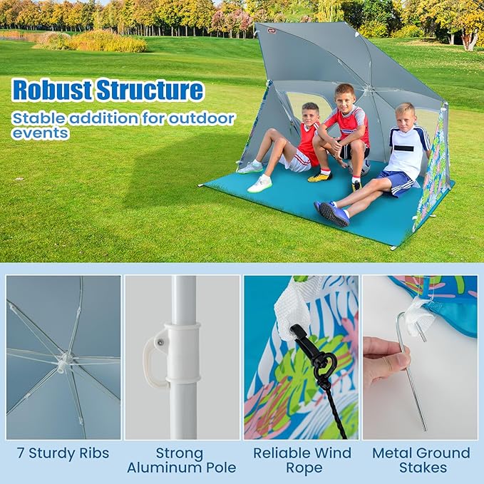 Goplus Convertible Beach Tent for 2-4 People 2-in-1 Sun Umbrella with Roll-Up Windows Dual Side Flaps Groundsheet &amp Carry Bag UPF 50+ Beach Shade Shelter for Camping Picnic &amp Sports Event