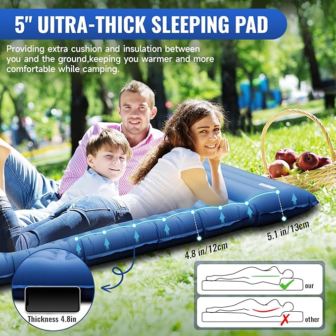 KASIMO Double Sleeping Pad for Camping5 Ultra-Thick 1.4x2M for 2 Person with Pillow Built-in Foot Pump Inflatable Sleeping Mat for Backpacking Hiking Traveling Tent Portable Camping Mat