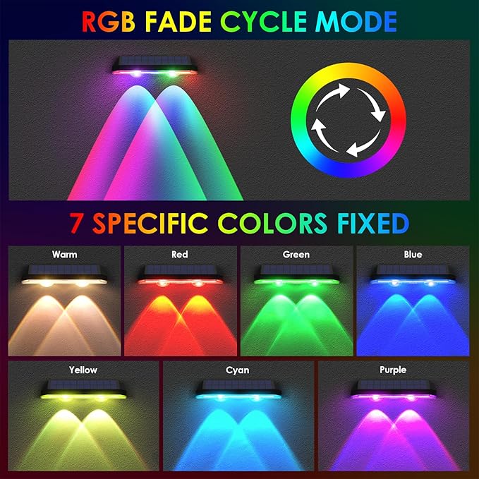 Solar Fence Lights Outdoor - Warm White &amp RGB 6 Color Dusk to Dawn Solar Deck Light Solar Lights Outdoor IP65 Waterproof Garden Lights for Outside/Backyard/Railing/Step/Patio/Wall (12 pack)