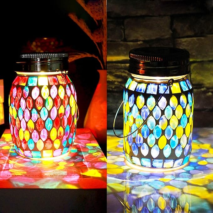 2 Pack Solar Outdoor Mosaic LanternSolar Lights Outdoor Hanging Lanterns Rechargeable Waterproof Table lamp Mosaic Night Light for Garden Patio Party Yard Outdoor/Indoor Decorations
