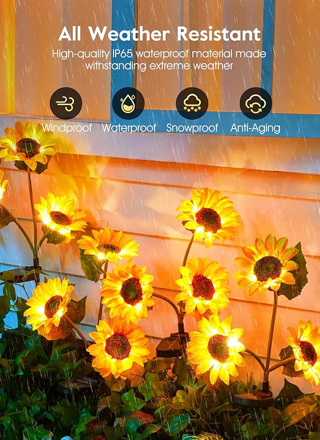 Brightown Outdoor Solar Garden Lights - 4 Pack LED Flower Lights with Larger Sunflowers Bigger Solar Panel Waterproof for Outside Yard Patio Garden Decorations