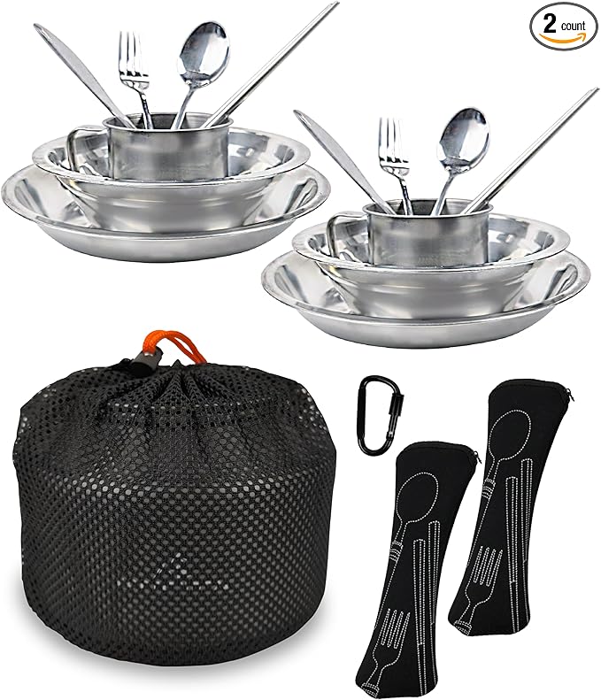 Stainless Steel Camping Mess Kit - Person's Complete Picnic &amp Camp Dish Set Includes Plate Bowl Cup &amp Utensils
