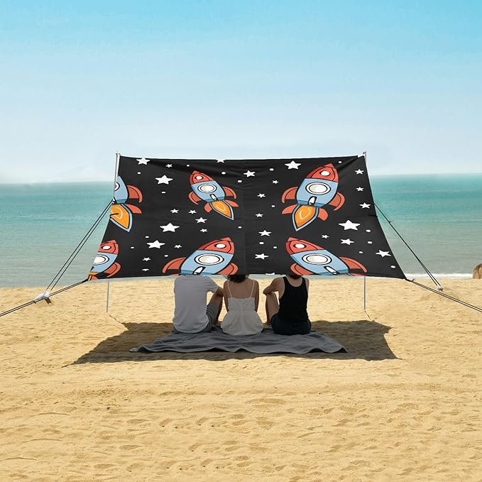 Spaceship Cartoon Character Seamless Pattern Camping Sun Shelter Beach Tent Portable Beach Sun Shade Outdoor Canopy for Camping Trips Fishing Picnic