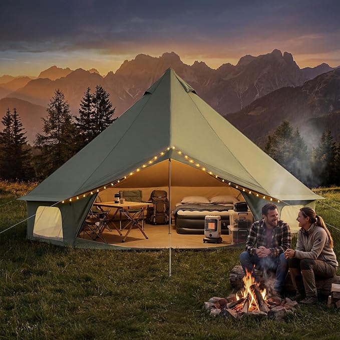 YOLENY Bell Tent Yurt Tent 4/6/8/10 Person 4 Season Waterproof Glamping Tents w/Stove Jack for Family Camping Outdoor Party Glamping Tents for Camping - 10/13.1/16.4FT