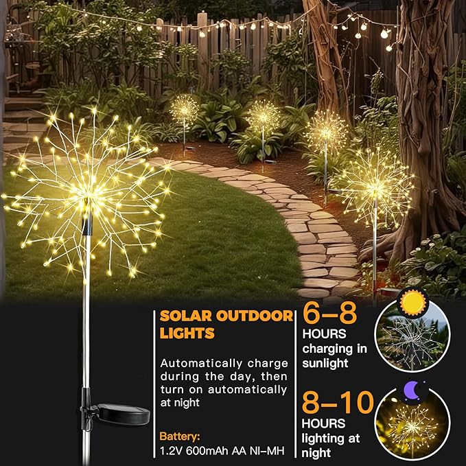 suddus Solar Garden Lights Outdoor Waterproof Decorative 2Pack 150LED Firework Lights Solar Fairy Lights for Yard Garden Party Patio Pathway Flowerbed - Warm White