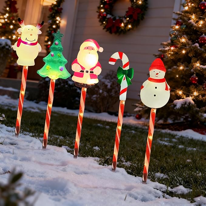 5 Pack Christmas Pathway Lights-Solar Powered Outdoor Garden Snowman Santa Claus Elk Christmas Tree Candy Cane Path Lights Landscape Lighting Waterproof Decorative Lights