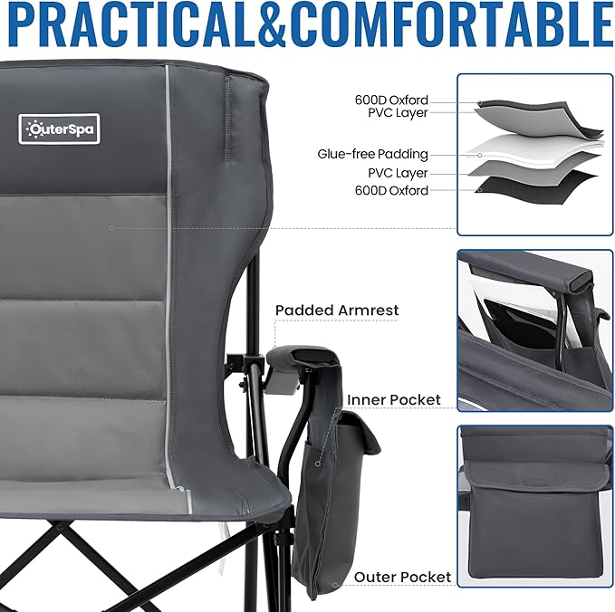 Oversized Folding Camping Chairs for Adults Heavy Duty Support 500lbs Big and Tall High Back Camping Chairs for Heavy People Padded Lawn Chairs Camp Chairs for PatioBeachCampLawnOutdoorGrey