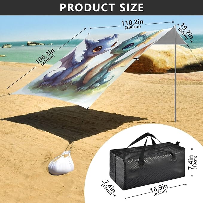 ALAZA Cute Dragons Cartoon Beach Tent Sun Shelter UPF50+ Protection Beach Shade Canopy w/ 4 Sandbags for Outdoor Camping Fishing Backyard Fun Picnic 10x9 ft