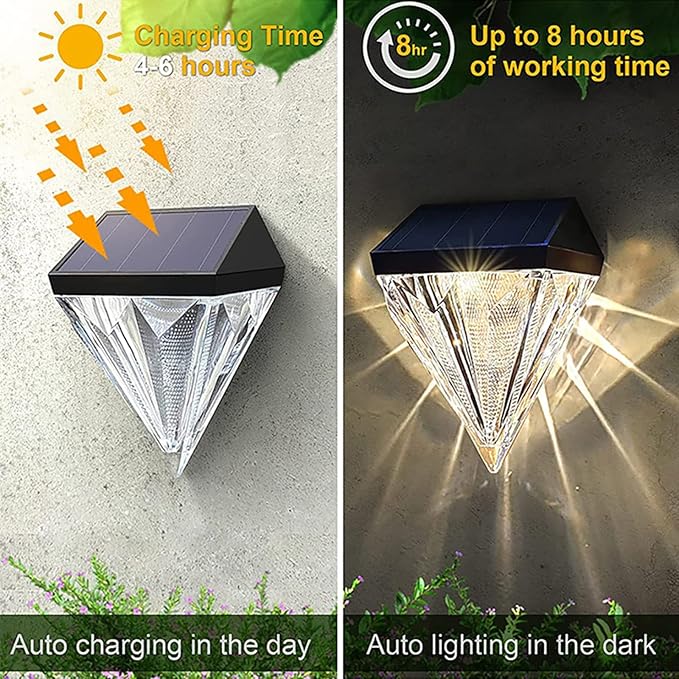 Diamond Solar Garden Lights Outdoor Waterproof LED Solar Deck Lights Outdoor Patio Wall Decor for Fence Deck Step Wall Railing Patio Warm White 4Pack