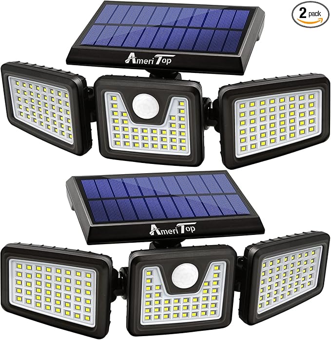 AmeriTop Solar Lights Outdoor 2 Pack 128 High Brightness LED Cordless Solar Motion Sensor Lights 3 Adjustable Heads 270°Wide Angle Illumination IP65 Waterproof Security Flood Light