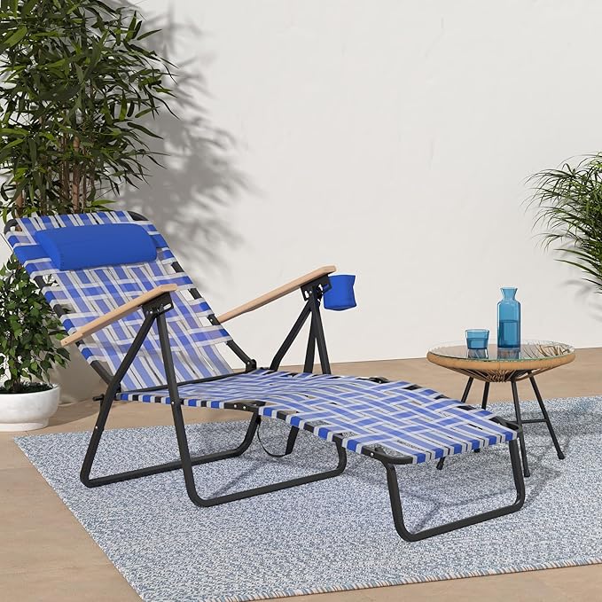 Webbing Patio Lounger Steel Chaise Lawn Chair Foldable Outdoor Great for Patio Camping Backyard Pool Wood Handles 1 Pack Blue