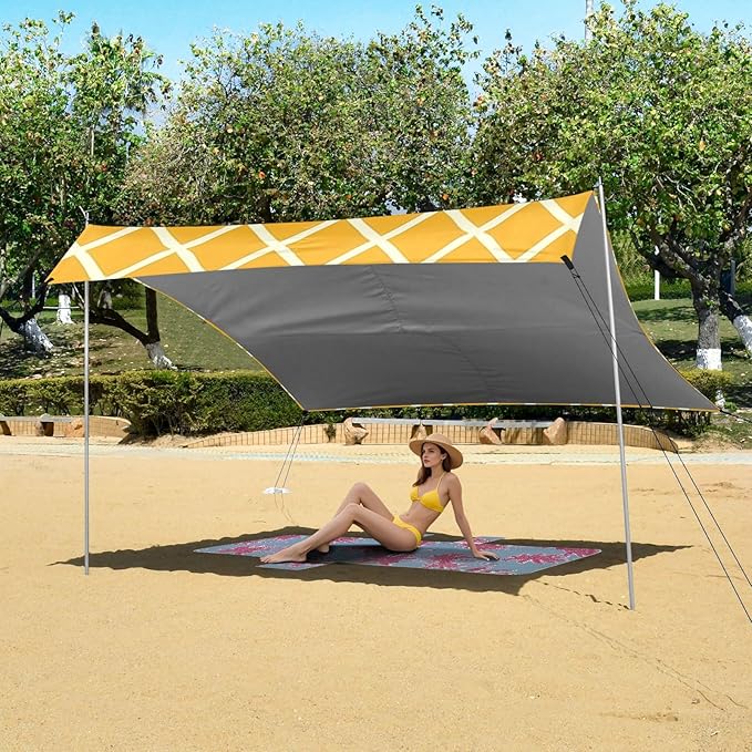 Yellow Background Camping Sun Shelter Beach Tent Portable Beach Sun Shade Outdoor Canopy for Camping Trips Fishing Picnic