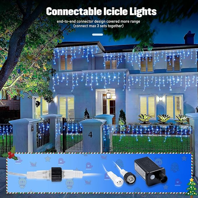 JMEXSUSS Blue&ampWhite Icicle Lights - 38.8FT 400 LED Icicle String Lights with Remote for Indoor/Outdoor House Bedroom Fireplace Birthday Christmas Decorations