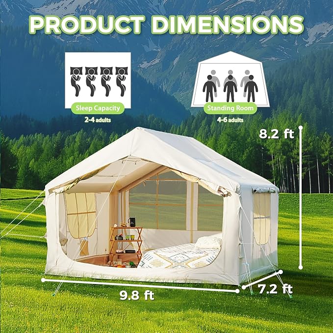Glamcamp 4-6 Person Inflatable Tent - Quick Setup Air Tent with Stove Jack 420D Oxford (PU2000) 15cm Air Beams 2 Doors &amp Windows