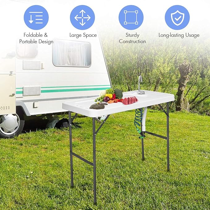GYMAX Fish Cleaning Table with Sink Folding Fish Cleaning Station with Adjustable Spray Cleaner Foldable &amp Rotatable Faucet Portable Fillet Table for Outdoor Camping Fishing Picnic