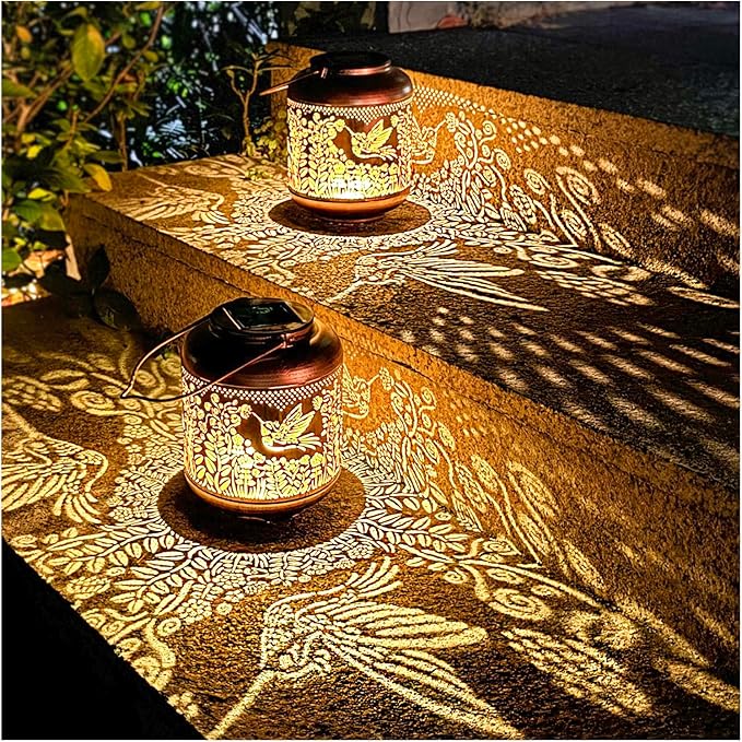 2 Pack Hummingbird Outdoor Solar Hanging Lanterns Waterproof LED Solar Lights Metal Decorative Lanterns for Garden Patio Courtyard Backyard Yard Decor Unique Hummingbird Gifts for Women Gardening