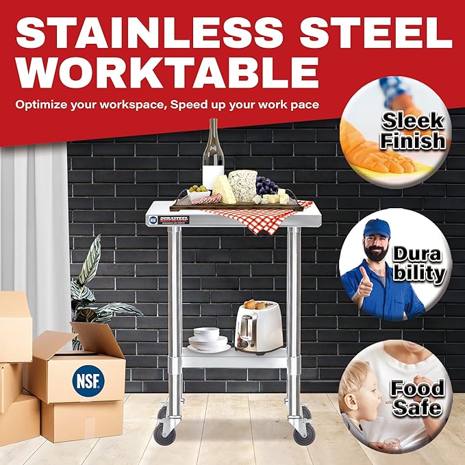DuraSteel 24x12 NSF Stainless Steel Cart - Heavy Duty Rolling Food Prep Table with Undershelf - Metal Utility Cart for Commercial Restaurant Kitchen Laundry Side Mixer Stand