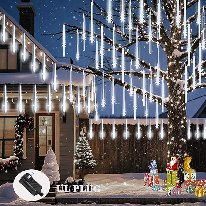 Meteor Shower Lights Outdoor Christmas Lights 24-Tube 576LEDs Snow Falling Rain Cascading Icicle String Light for Xmas Tree Christmas Decorations Wedding Party Holiday Yard Garden Decor UL Plug White
