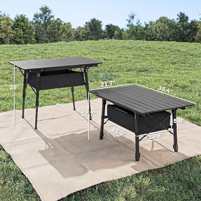 Outsunny 3ft Portable Camping Table with Storage Bag Adjustable Height Aluminum Small Folding Table Lightweight Picnic Table with Carry Bag for Outdoor Picnic BBQ Backyards Beach Black